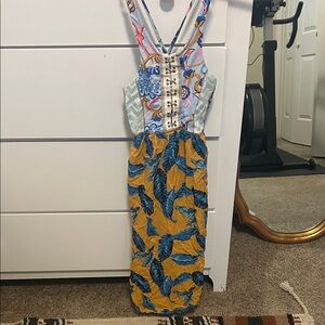 Maaji Blue and Yellow Leaf Print Midi Dress